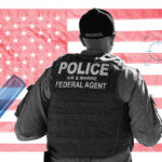 The back of a federal agent against an American flag.
