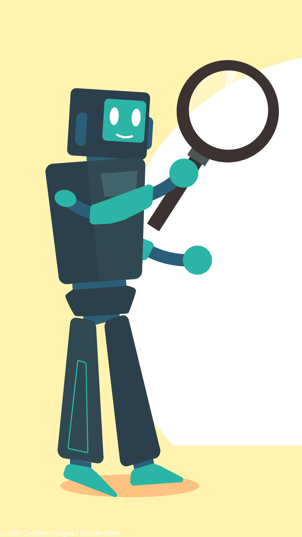 Illustration of robot examining potential employees with magnifying glass.