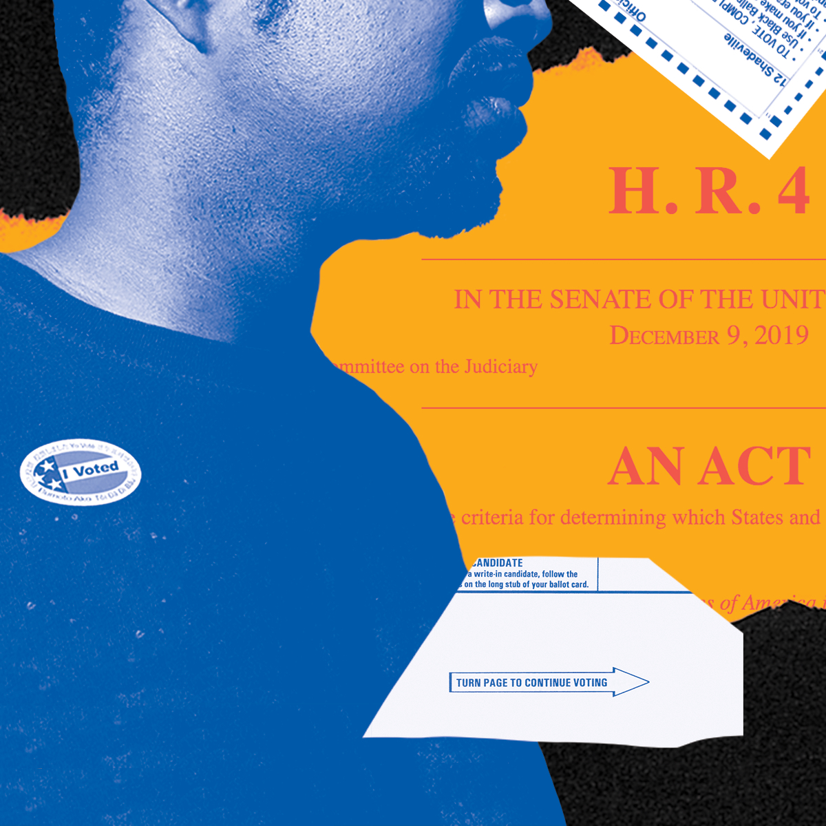 Collage graphic of the Congressional bill, Voting Rights Advancement Act, overlaid with a man wearing a black shirt and a small "I Voted" sticker.